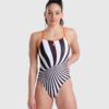 Arena Crazy Op Art γυναικείο ολόσωμο μαγιό με ασπρόμαυρες ρίγες και πορτοκαλί τιράντες