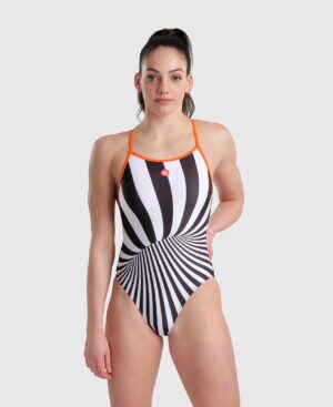 Arena Crazy Op Art γυναικείο ολόσωμο μαγιό με ασπρόμαυρες ρίγες και πορτοκαλί τιράντες