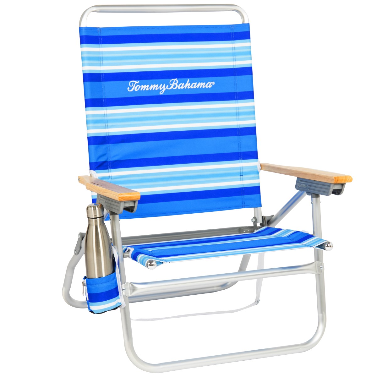 Tommy Bahama White Stripes καρέκλα παραλίας με μπλε και λευκές ρίγες, ξύλινα μπράτσα και ποτηροθήκη
