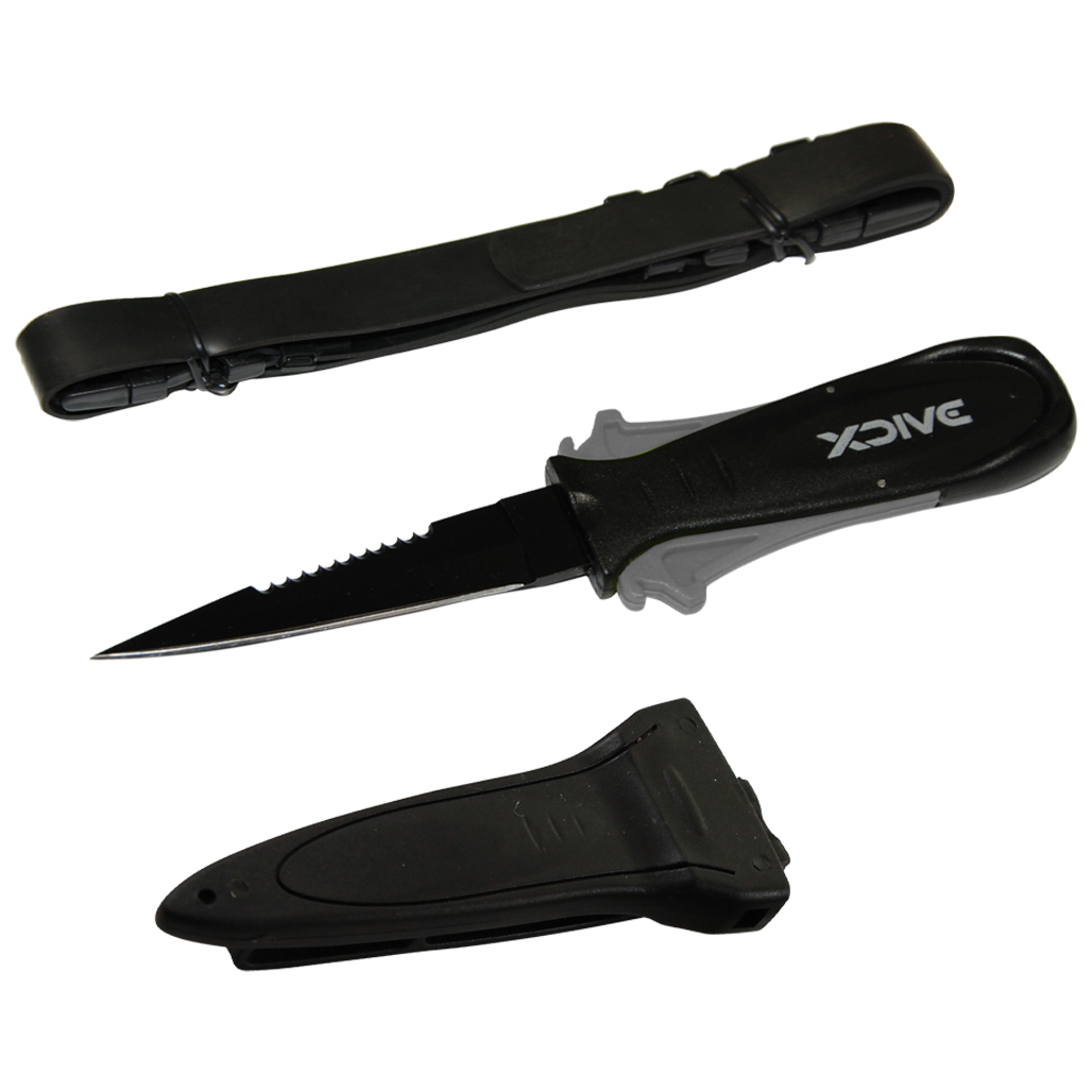 XDive Ribbon Teflon καταδυτικό μαχαίρι με μαύρη λεπίδα, θήκη και ιμάντα ποδιού